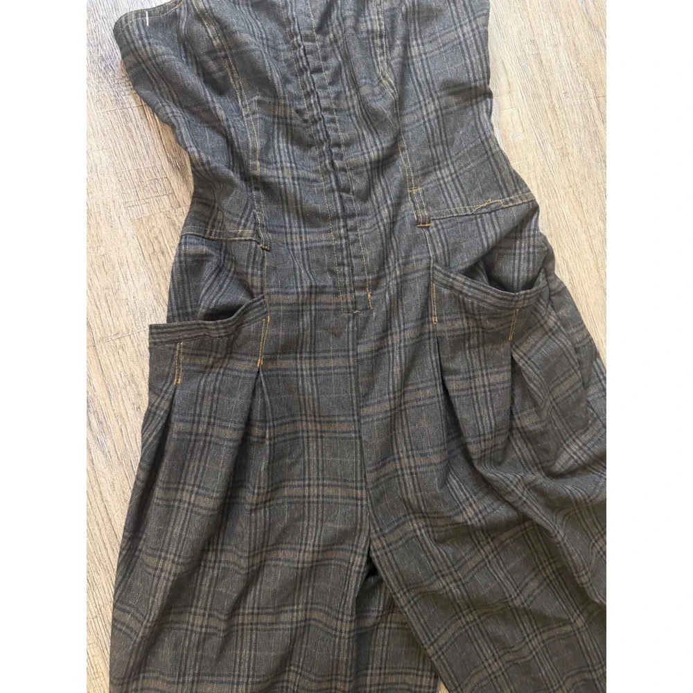 BDG Urban Outfitters Brown Plaid Strapless Wide Leg Jumpsuit Medium Pockets EUC